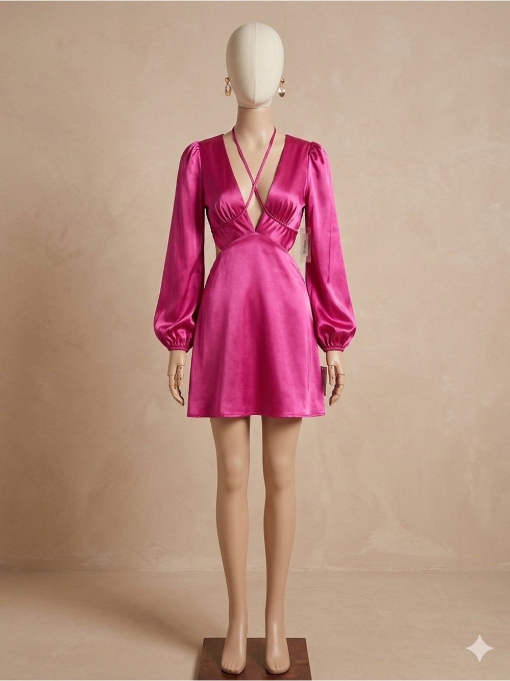 SHEIN Hot Pink Satin Long-Sleeve Mini Dress